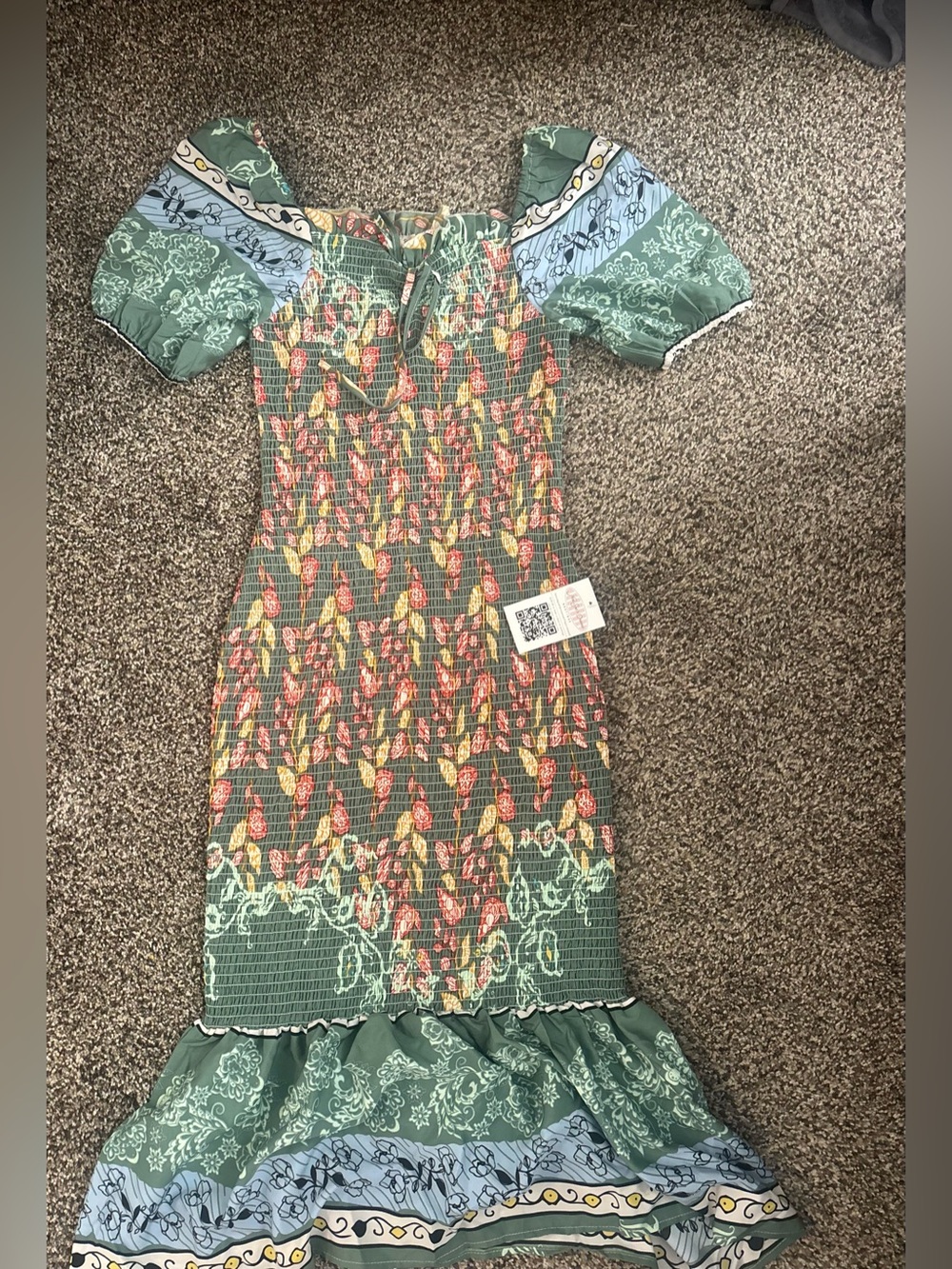 Green Floral Smocked Midi Dress
